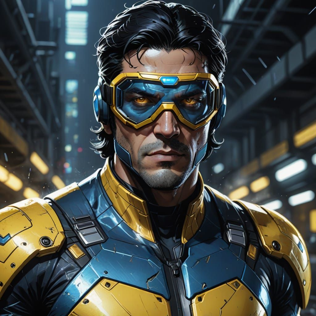 Comic Book Hero in Vibrant Blue and Yellow Suit