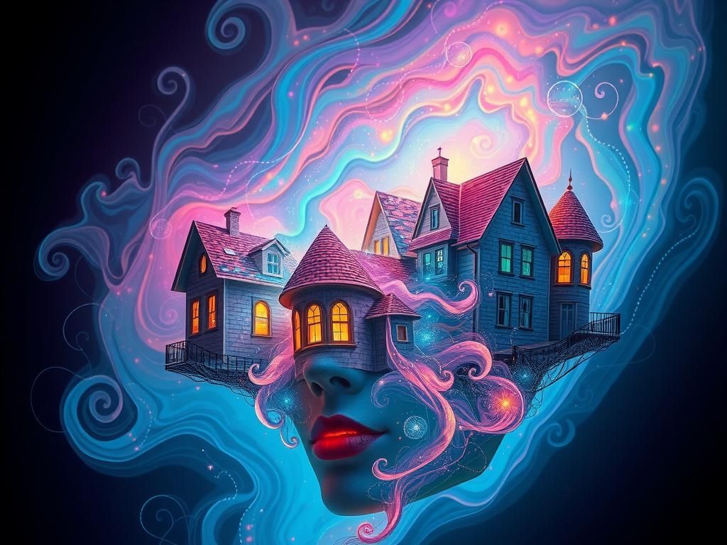 Dreamlike Face Composed of Luminous Houses
