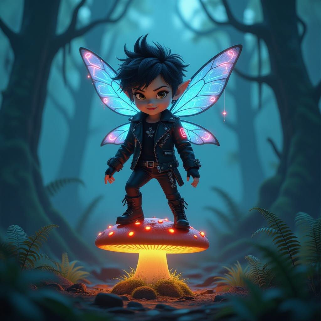 Pixie in Leather Jacket, Surreal Dark Fantasy Style