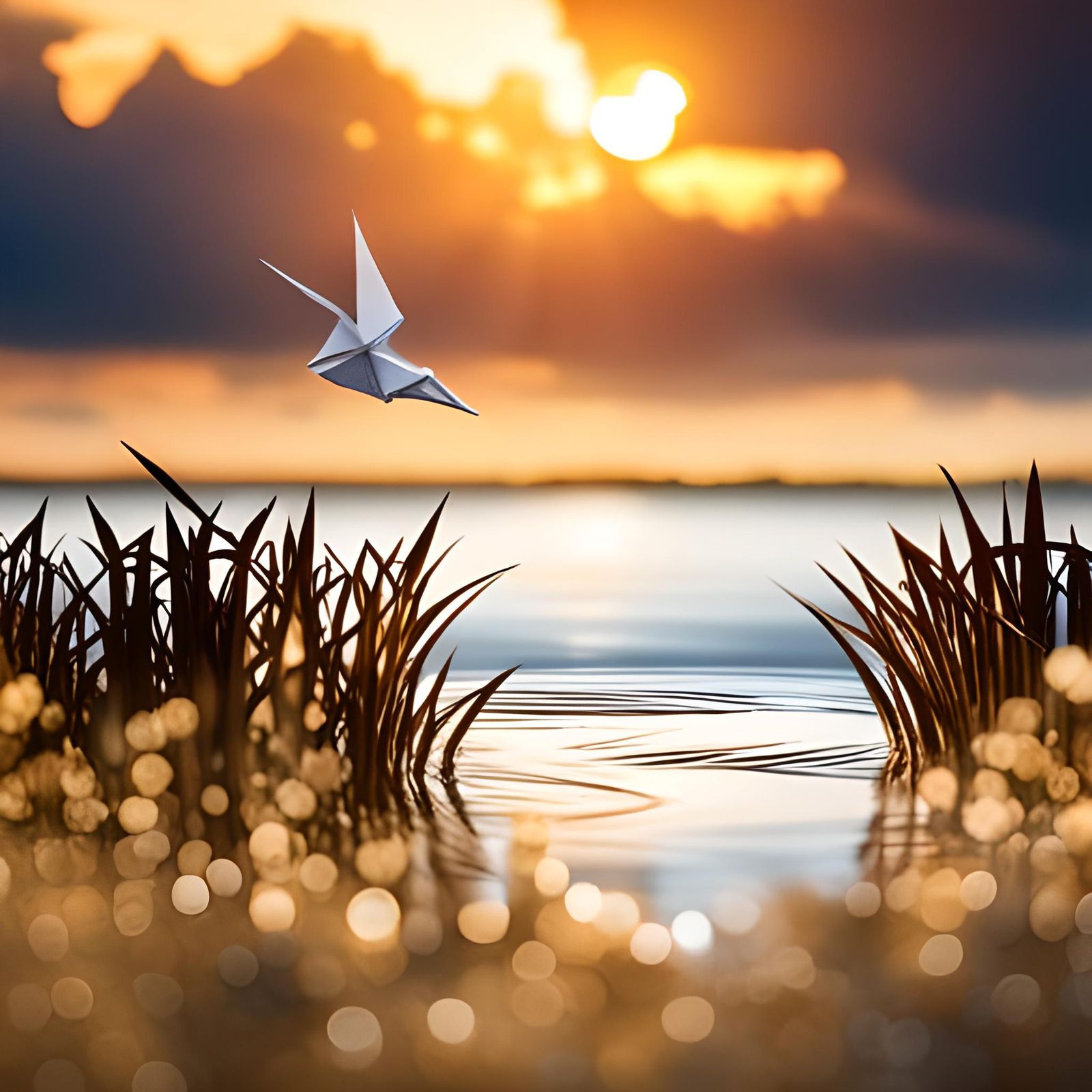 Golden Origami Lion on Savannah at Sunset