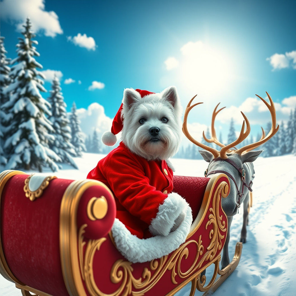 Westie Terrier as Santa in Winter Wonderland