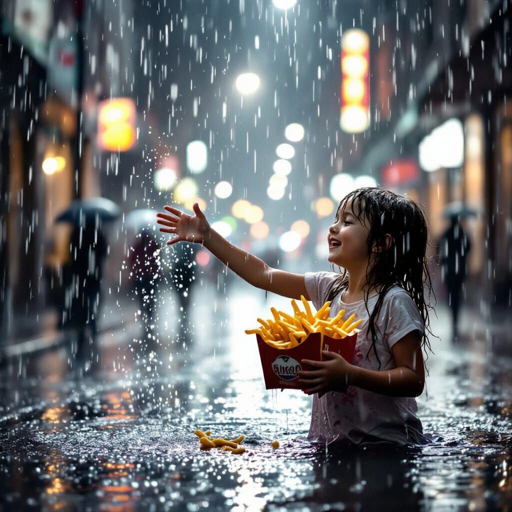 Girl Reaches for Floating Fries in Dramatic Downpour