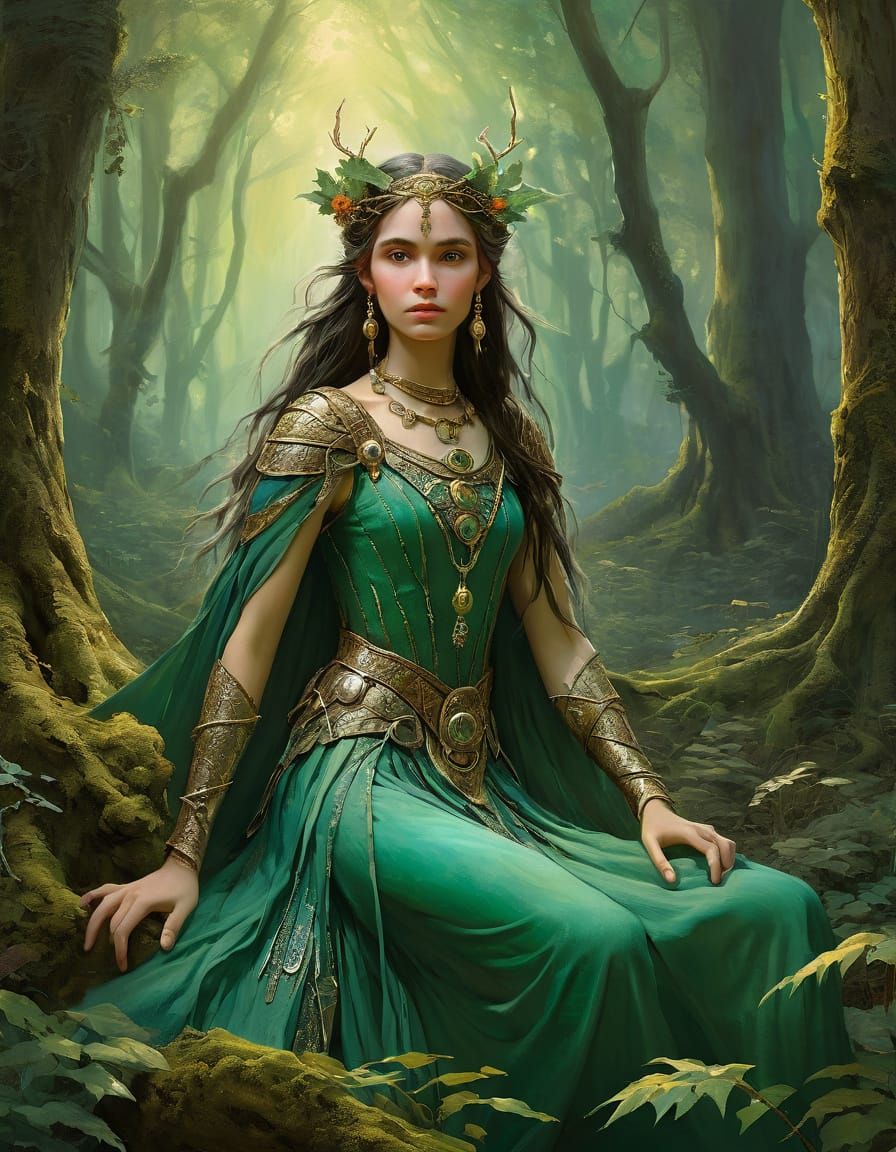 Elf Princess in Magical Forest, Abstract Art with Fine Detai...