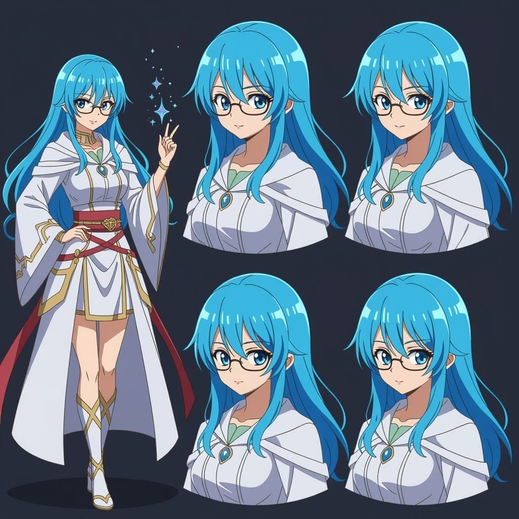 Anime Style Female Mage in Flirtatious Poses, Vibrant Blue H...