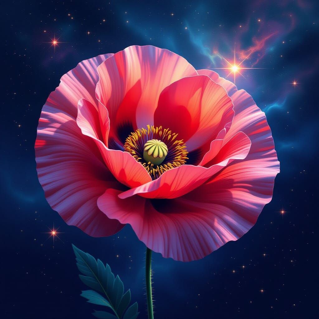 Surreal Cosmic Poppy: Galaxy Petals in Digital Painting Styl...