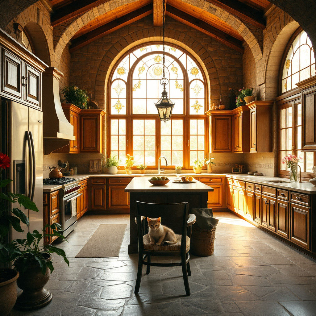 Italian Cottage Kitchen with Stone Arches and Kitten