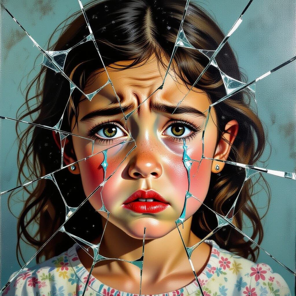 Shattered Reflection: A Crying Girl in Surrealism Style