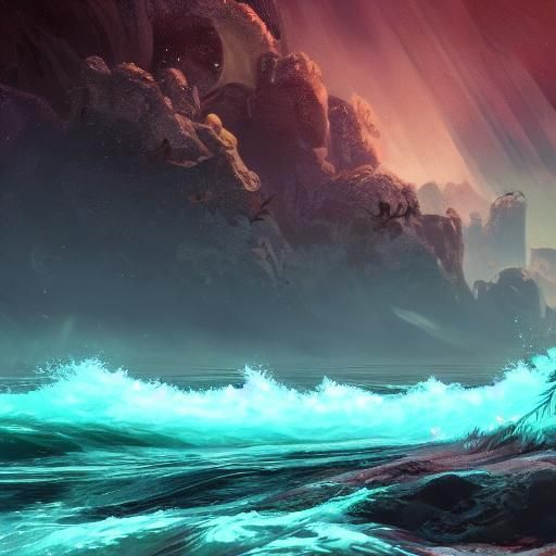 Iridescent Moonlit Waves in 3D Game Cinematic Style