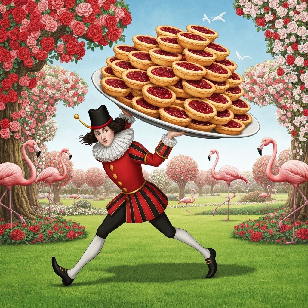 The Knave of Hearts running away carrying a huge plate piled...