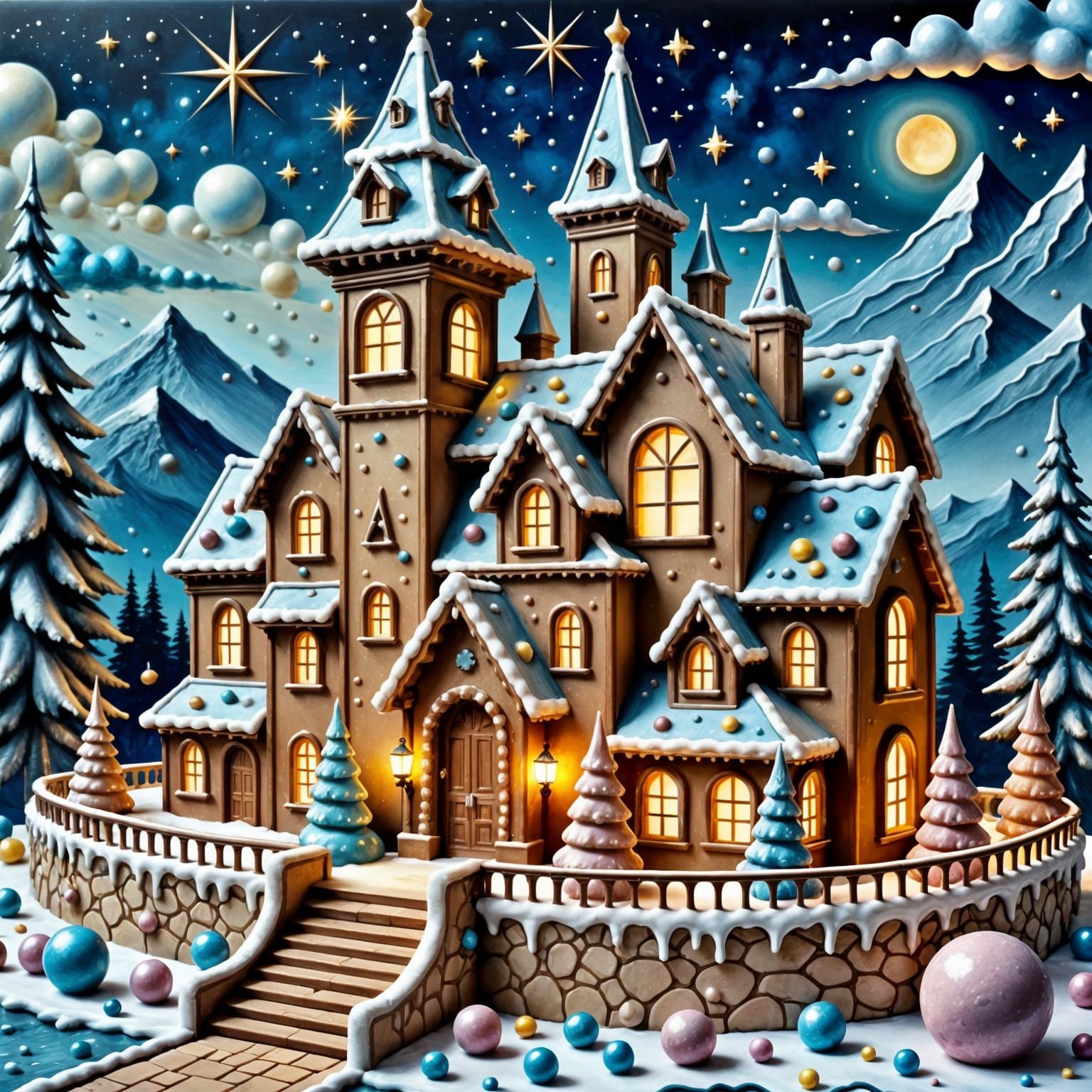 Fairytale Gingerbread Castle in Snowy Mountains at Night