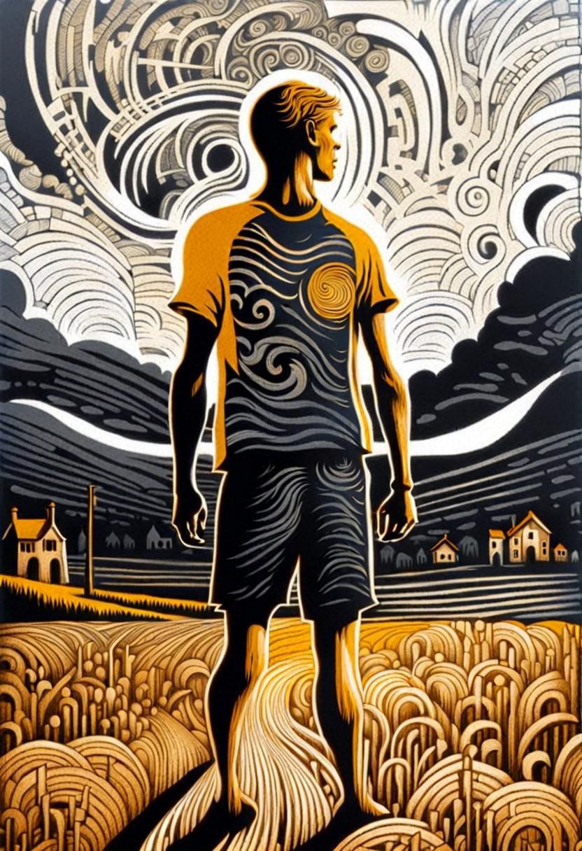 Athlete Blazing with Light: Woodcut Print Art
