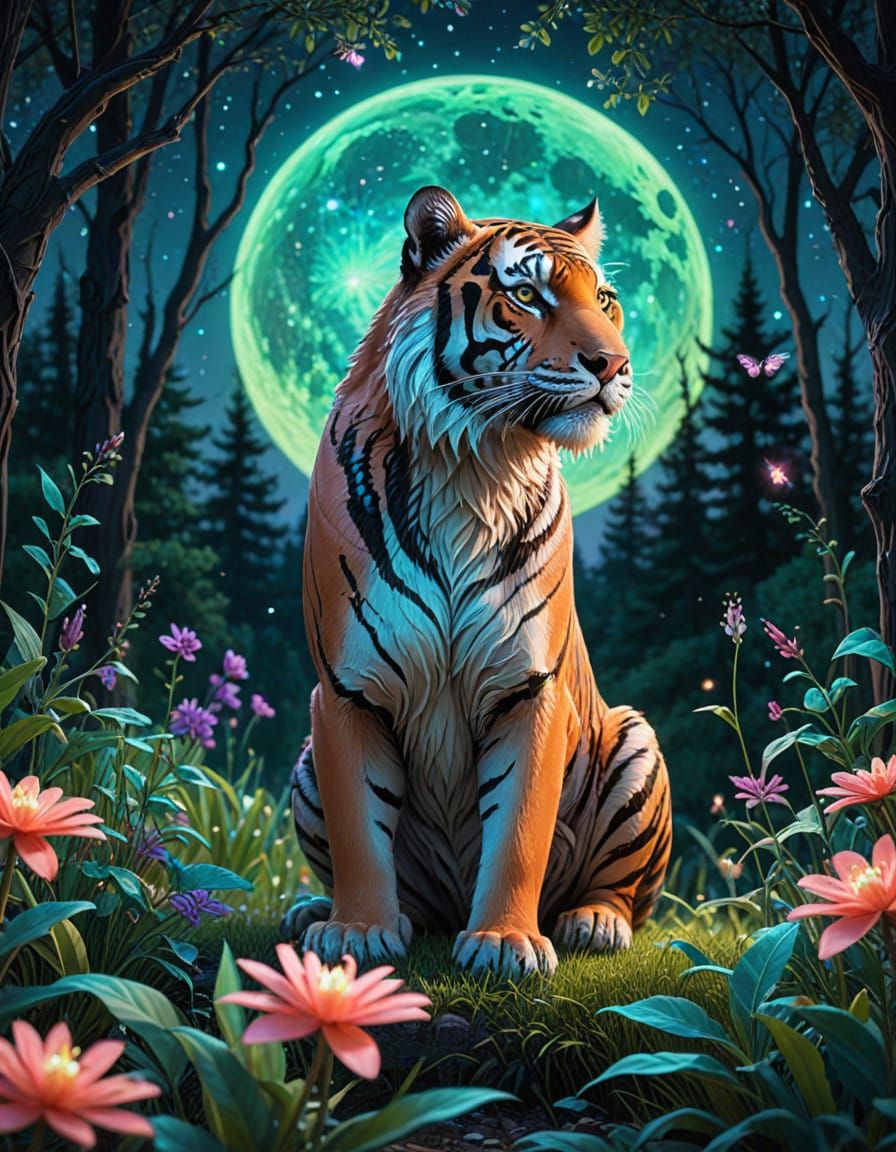 Vibrant Celestial Night Scene with Tiger