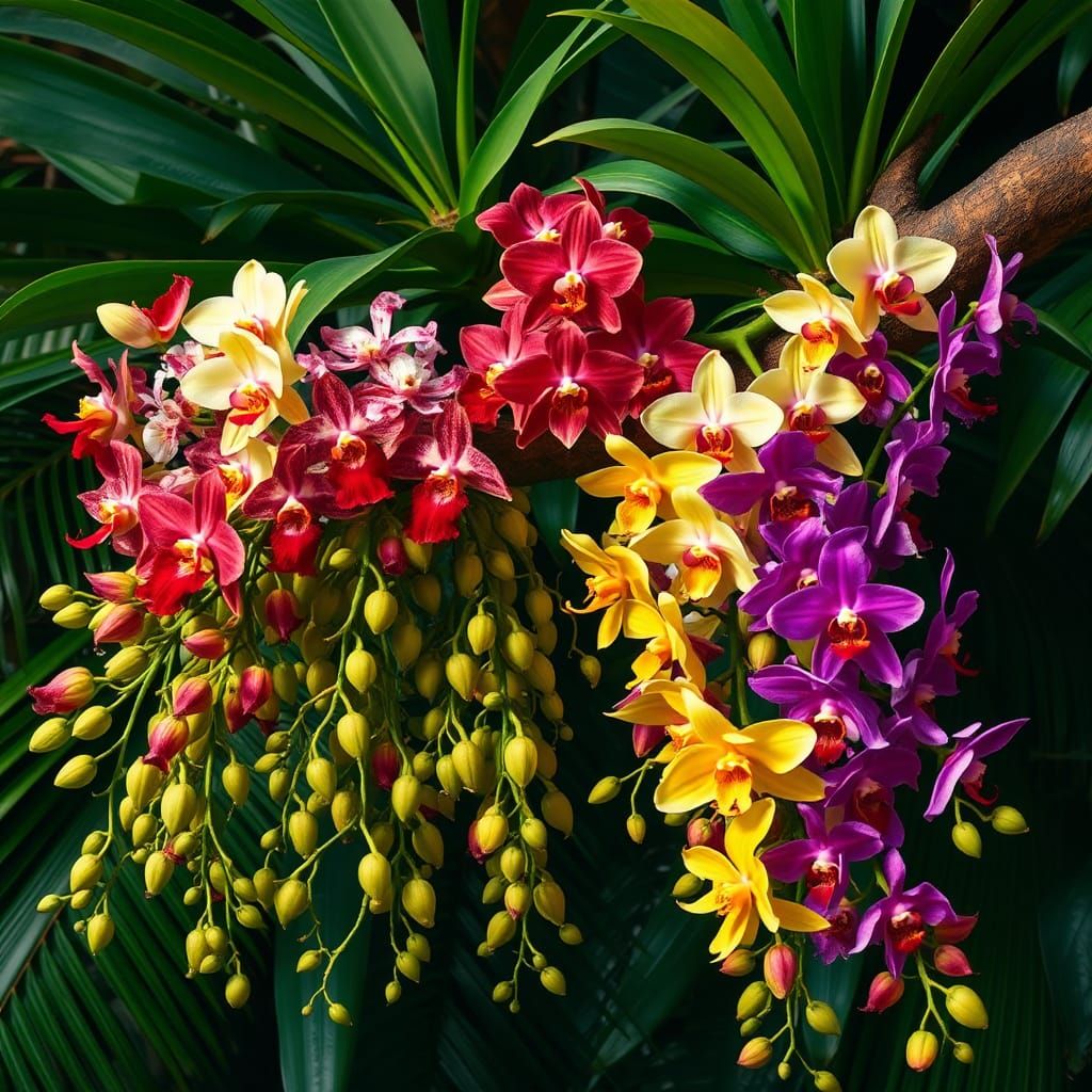 Exotic Orchids on Tropical Branch in Botanical Style