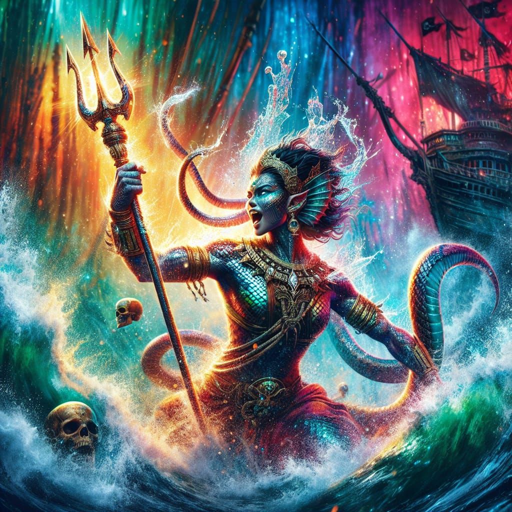 Hispanic Snake-Woman Goddess in Ocean Splash Art