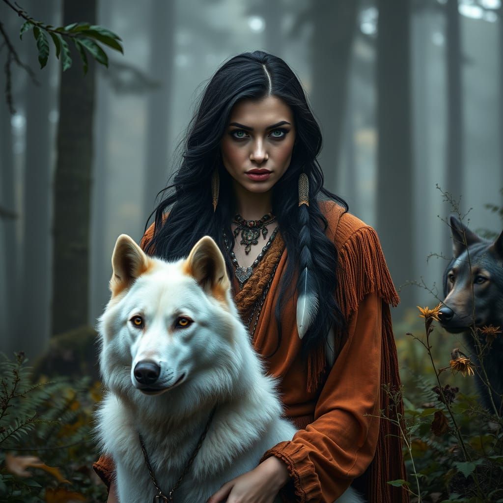 Mystical Forest Goddess with Wolves in Earthy Tones