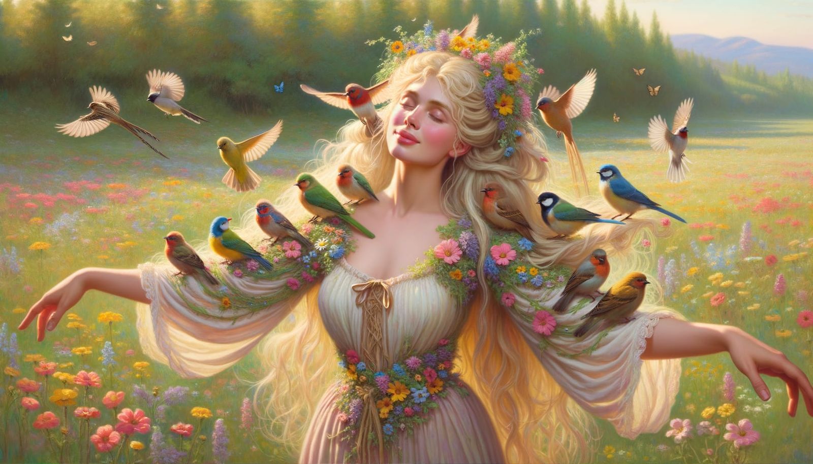 Woman in Meadow with Birds, Romanticism Style