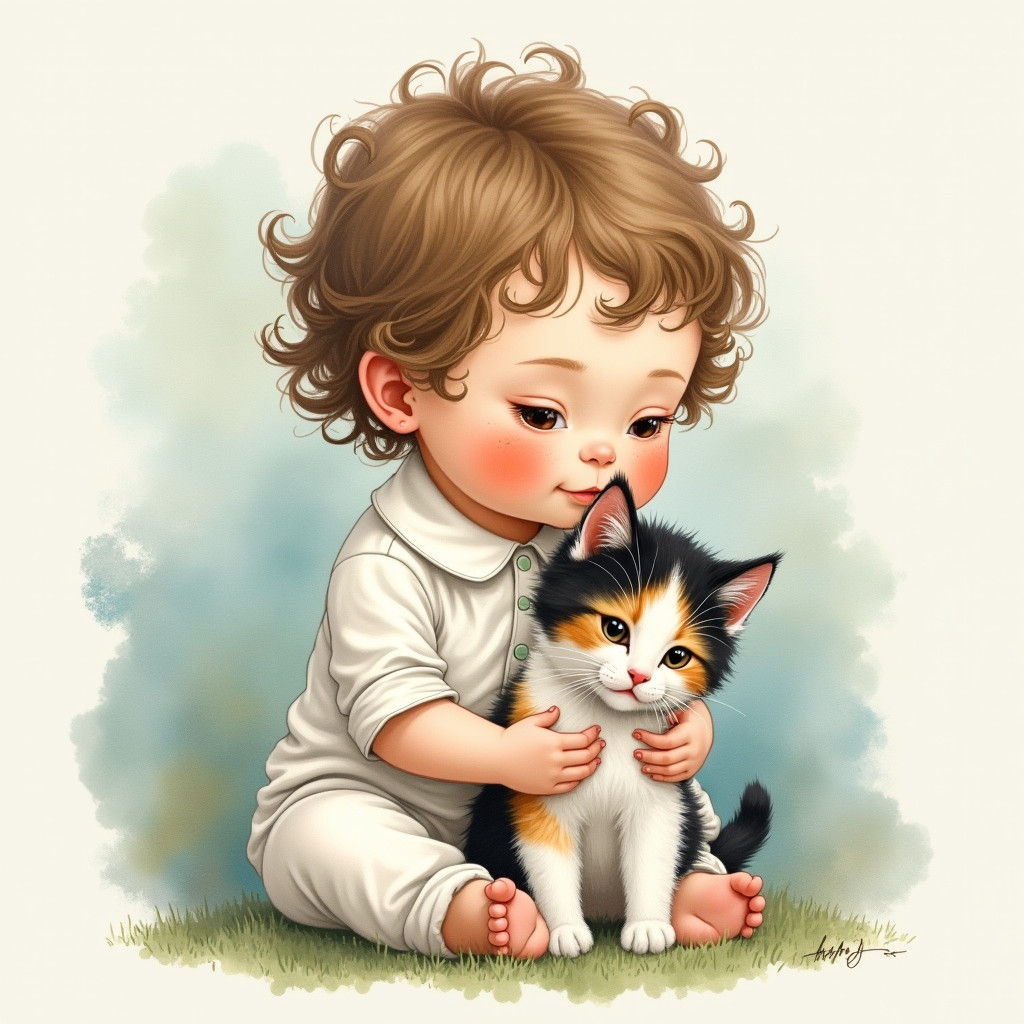 Toddler Holding Kitten Watercolor Painting