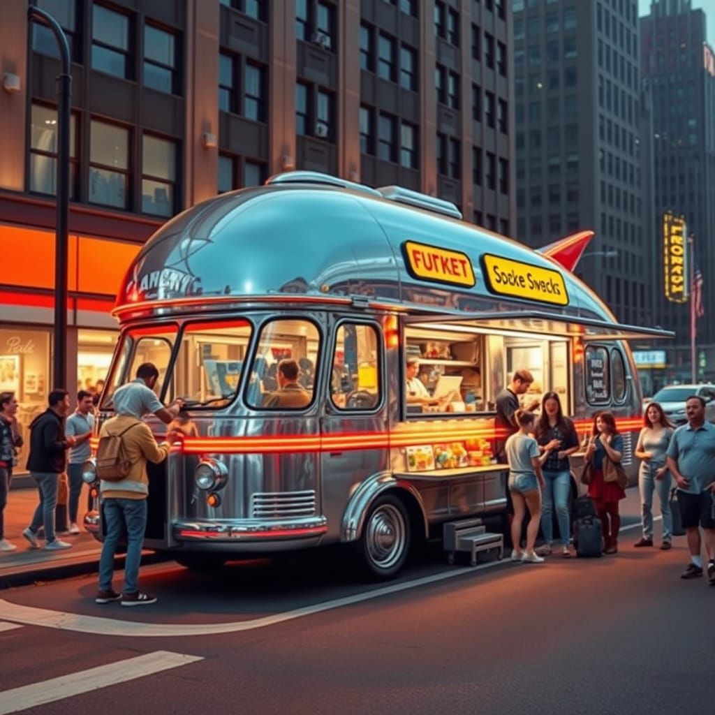 Retro Rocket Food Truck on City Street