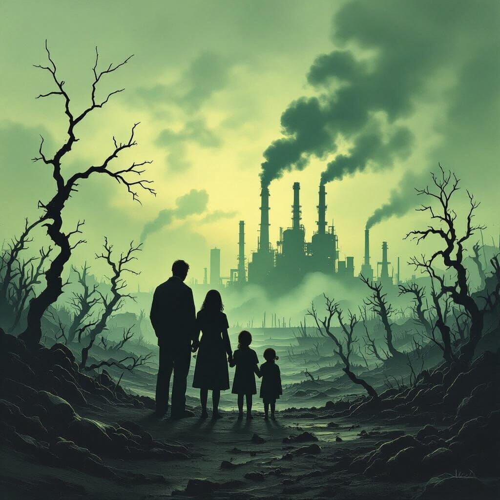 Family Gazes at Toxic Industrial Devastation