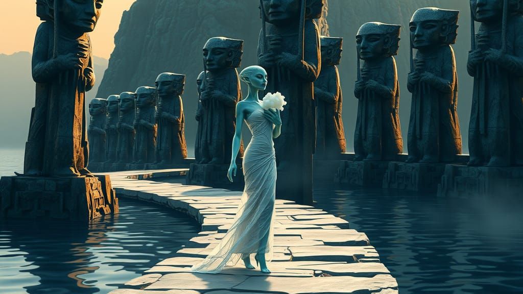 Surreal Goddess Walks Among Ancient Stone Guardians in Eerie...