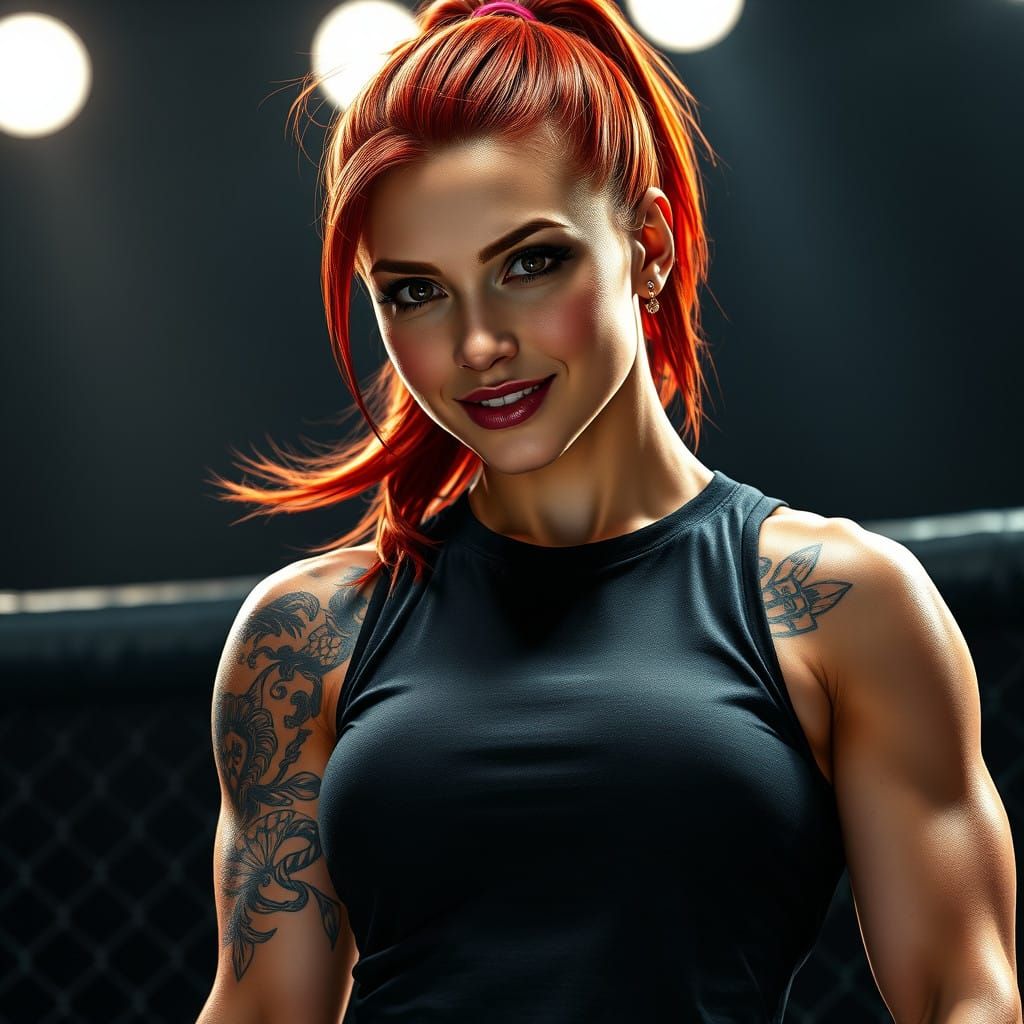 Confident Redhead Female Bodybuilder in MMA Cage
