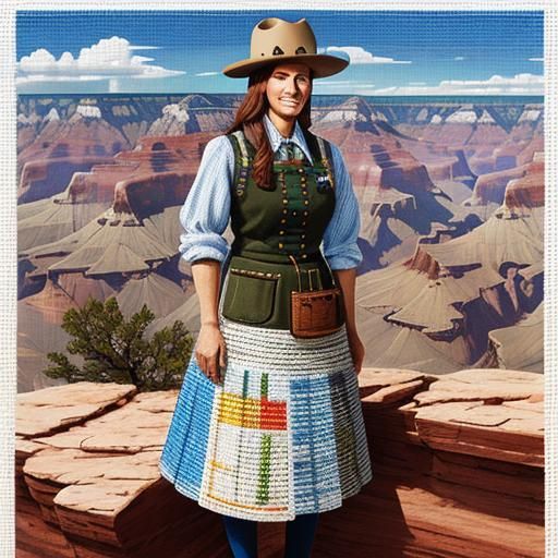 Pioneer Woman in Grand Canyon: Collage Needlepoint Art