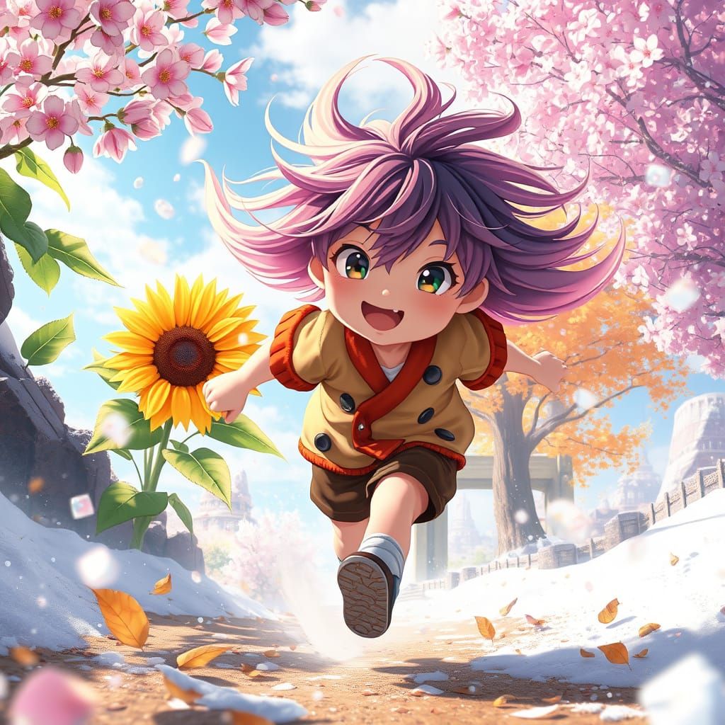 Child Running Through Harmonious Seasons in 3D Anime Style