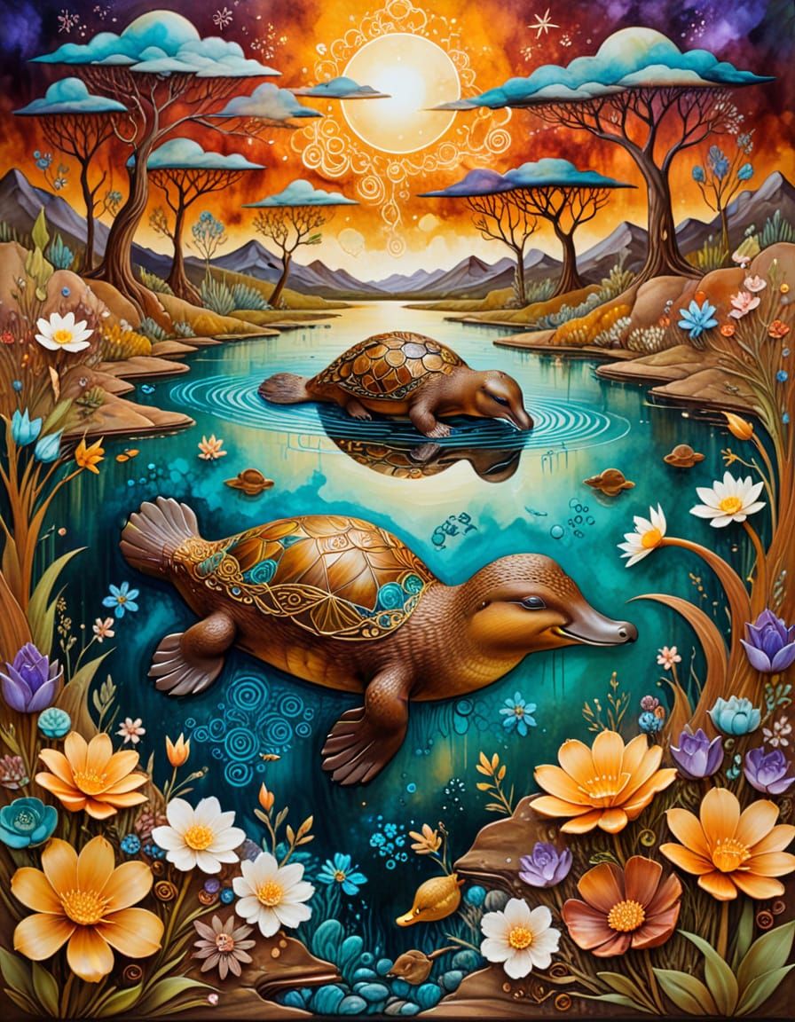 Surreal Platypus and Duck Landscape in Mixed Media