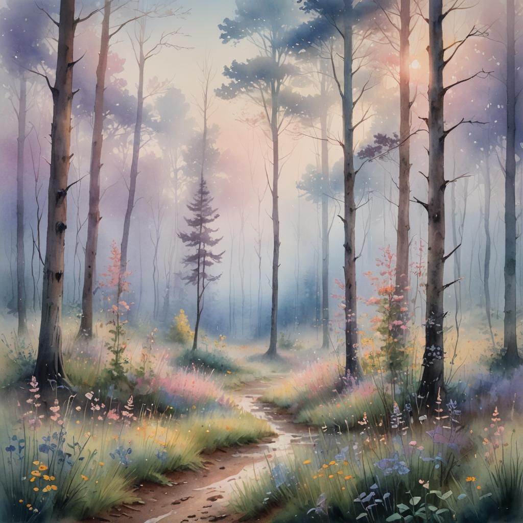 Misty Forest at Dawn: A Watercolor Landscape