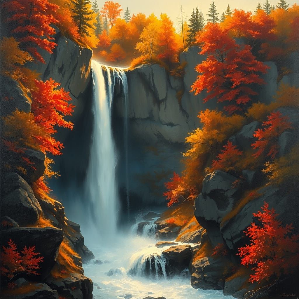 Majestic Autumn Waterfall in Golden Light