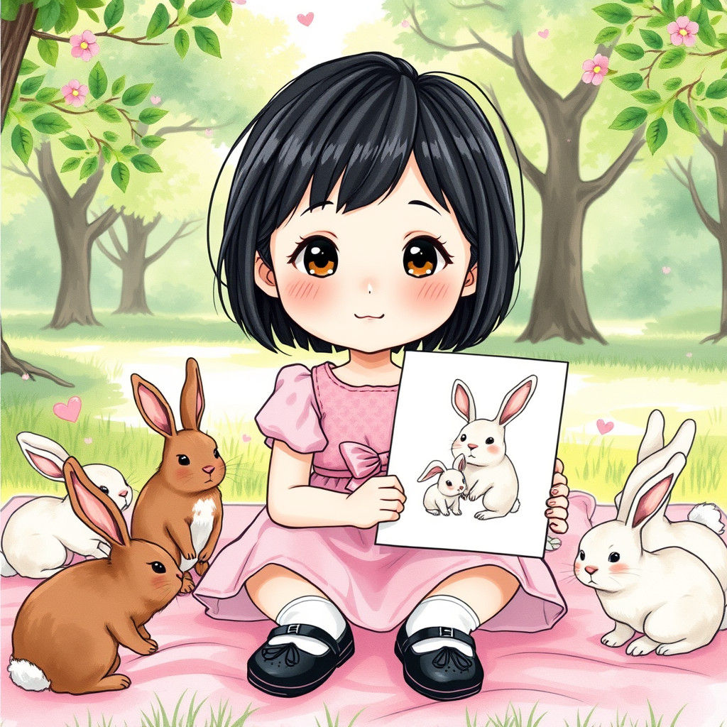 Chibi Thai Woman Painting Rabbits in Manga Style