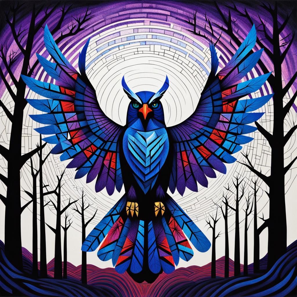 Cubist Thunderbird with Geometric Lightning Wings