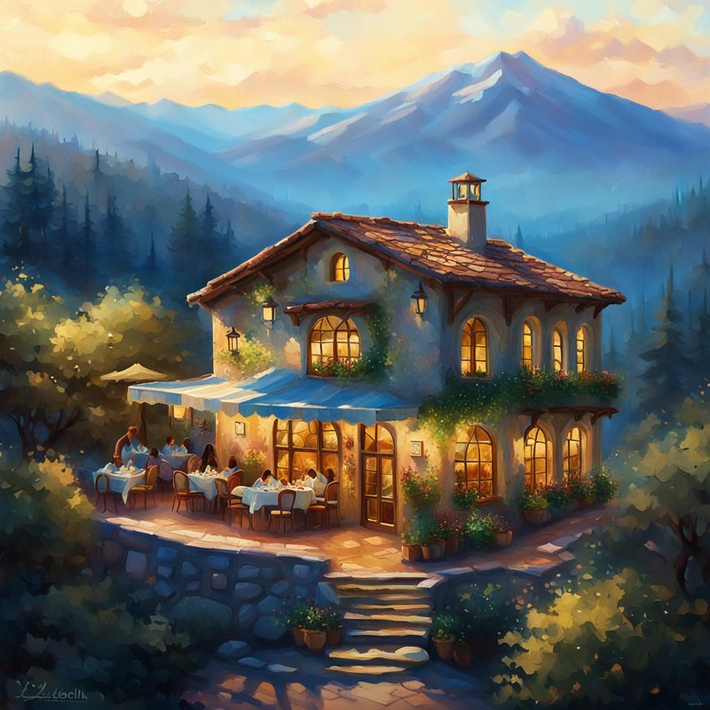 Mediterranean Restaurant in Thomas Kinkade Style