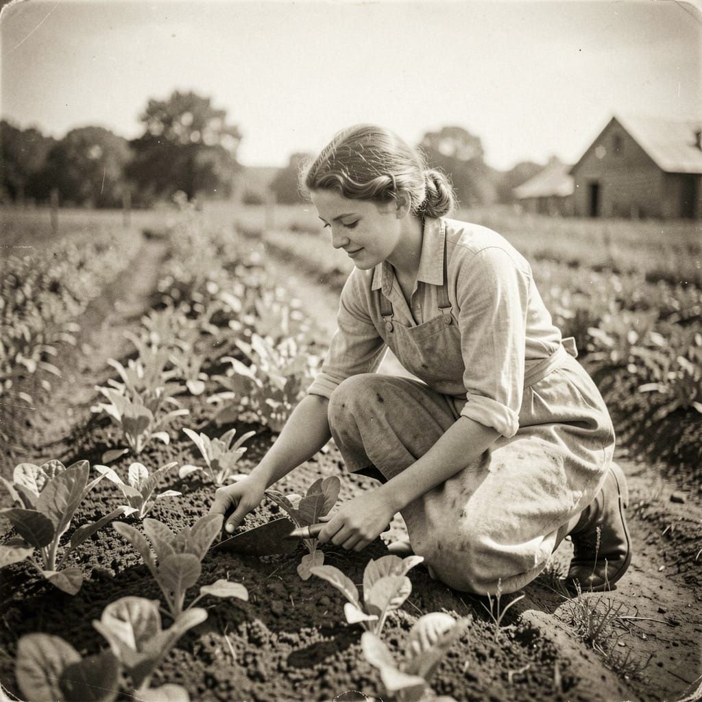 1940s Farm Girl Tending Vegetable Garden in Vintage Photo St...