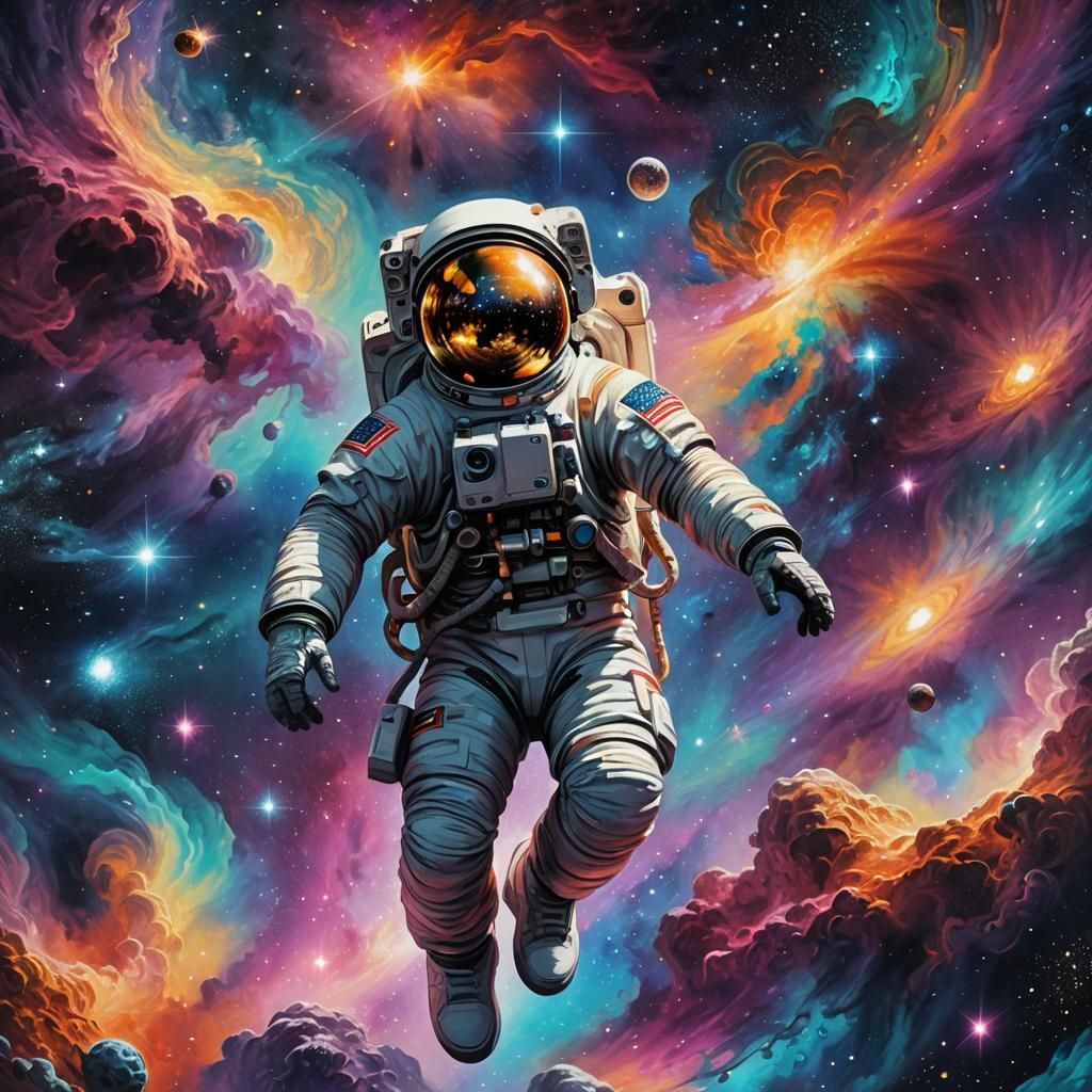 Astronaut Gazing at Galaxy in Surreal Cosmic Art