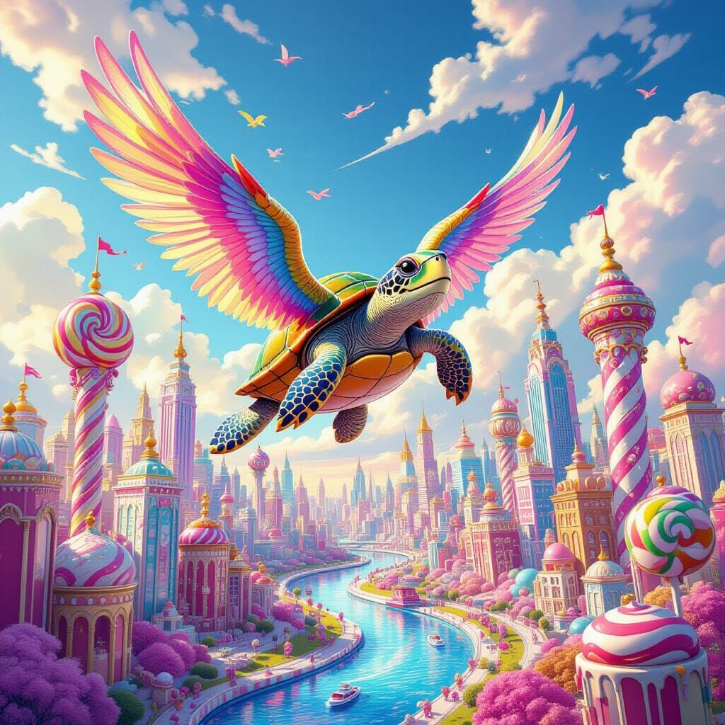Whimsical Winged Turtle Flies to Candy Metropolis
