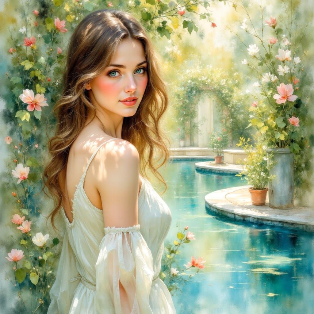 Beautiful Woman with Blue-Green Eyes, Oil Painting