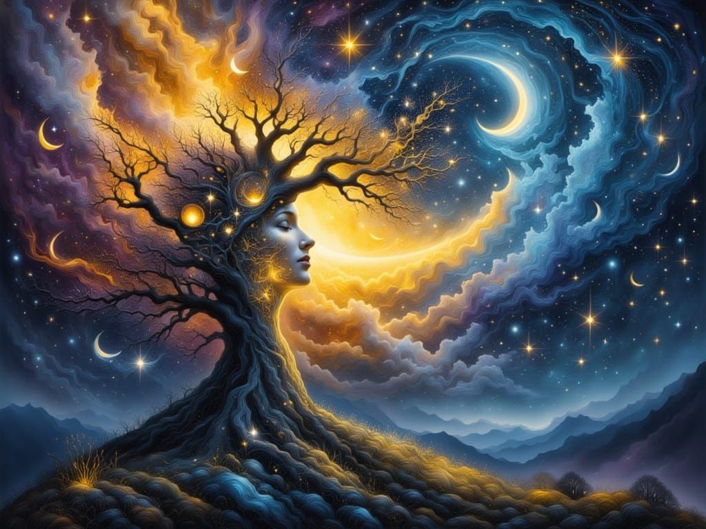 Celestial Tree Sprite in Cosmic Double Exposure