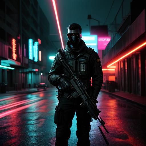 Neon Gun in 80s Miami Street: Cinematic Still