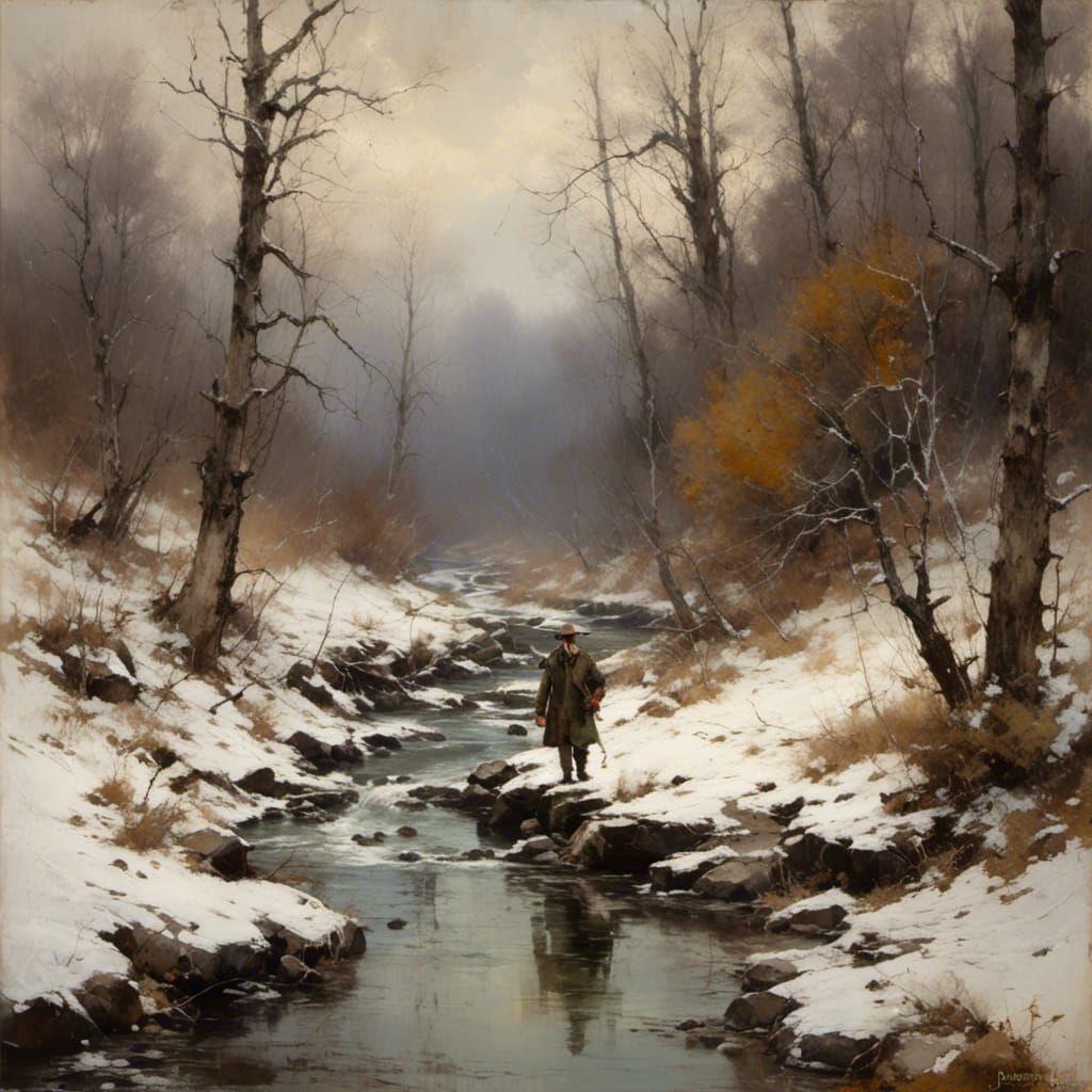 Man and Dog in Snowy Landscape as Oil Painting