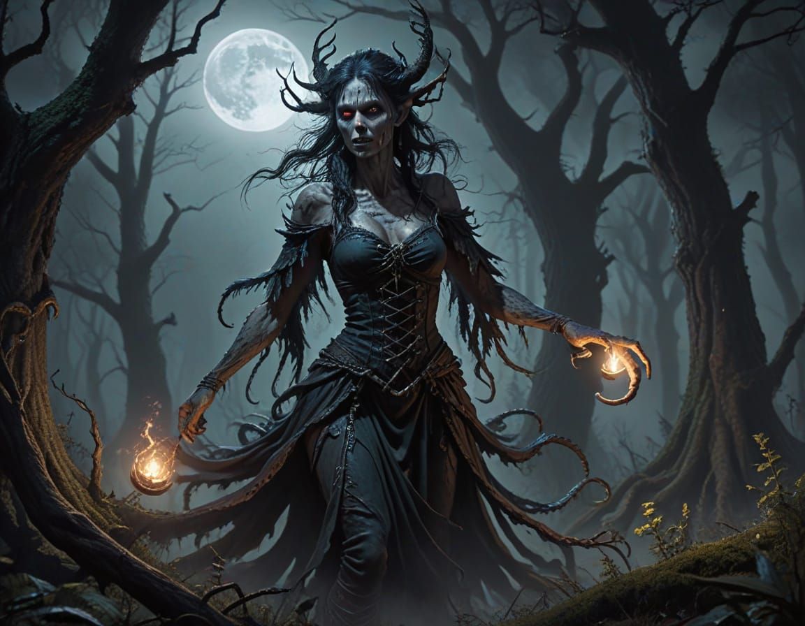Eldritch Forest Moonlit Scene with Fearsome Hag