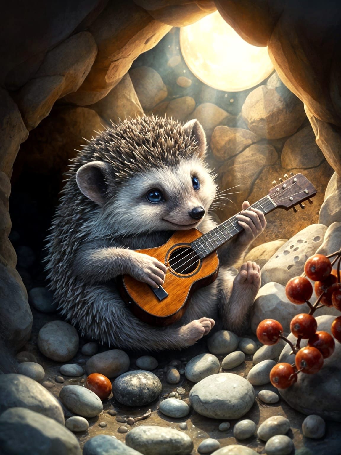 Shy Hedgehog Learns Ukulele in Moonlit Burrow