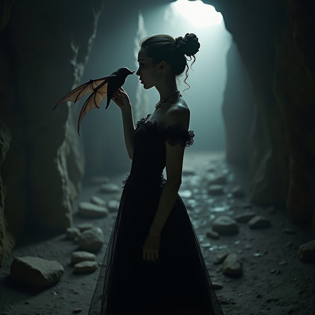 Moonlit Vampire Kissed by Bat in Dark Cavern