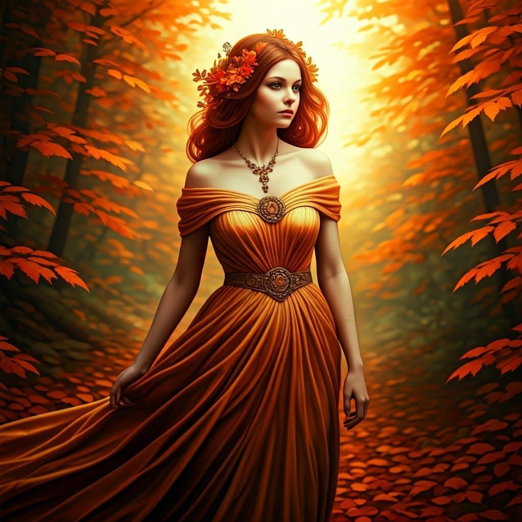 Autumn Woman in Forest, Art Nouveau Style