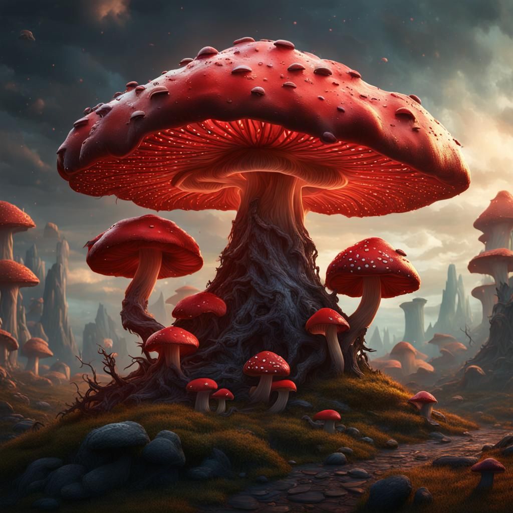 Fungal Queen in Red Dress: Detailed Matte Painting