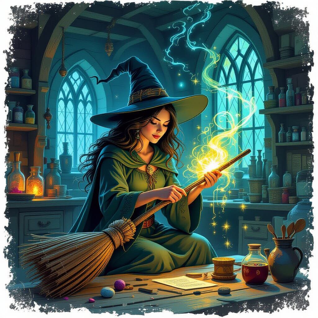 Witch Crafts Magical Broom in Enchanted Workshop