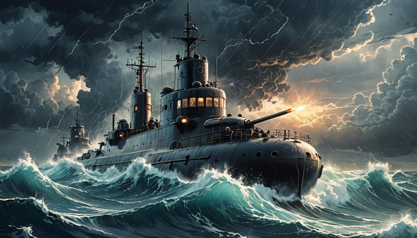 Submarine in Raging Storm: Anime Cel-Shaded Art