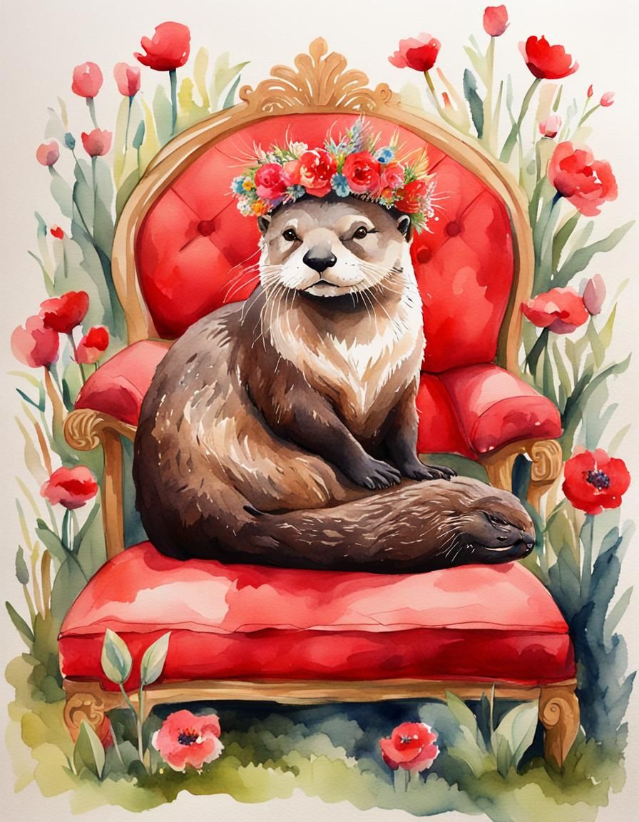 Watercolor Otter Queen in Spring Forest