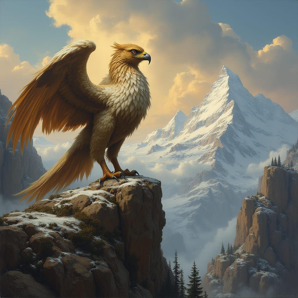 Griffin on Mountain Peak as Oil Painting