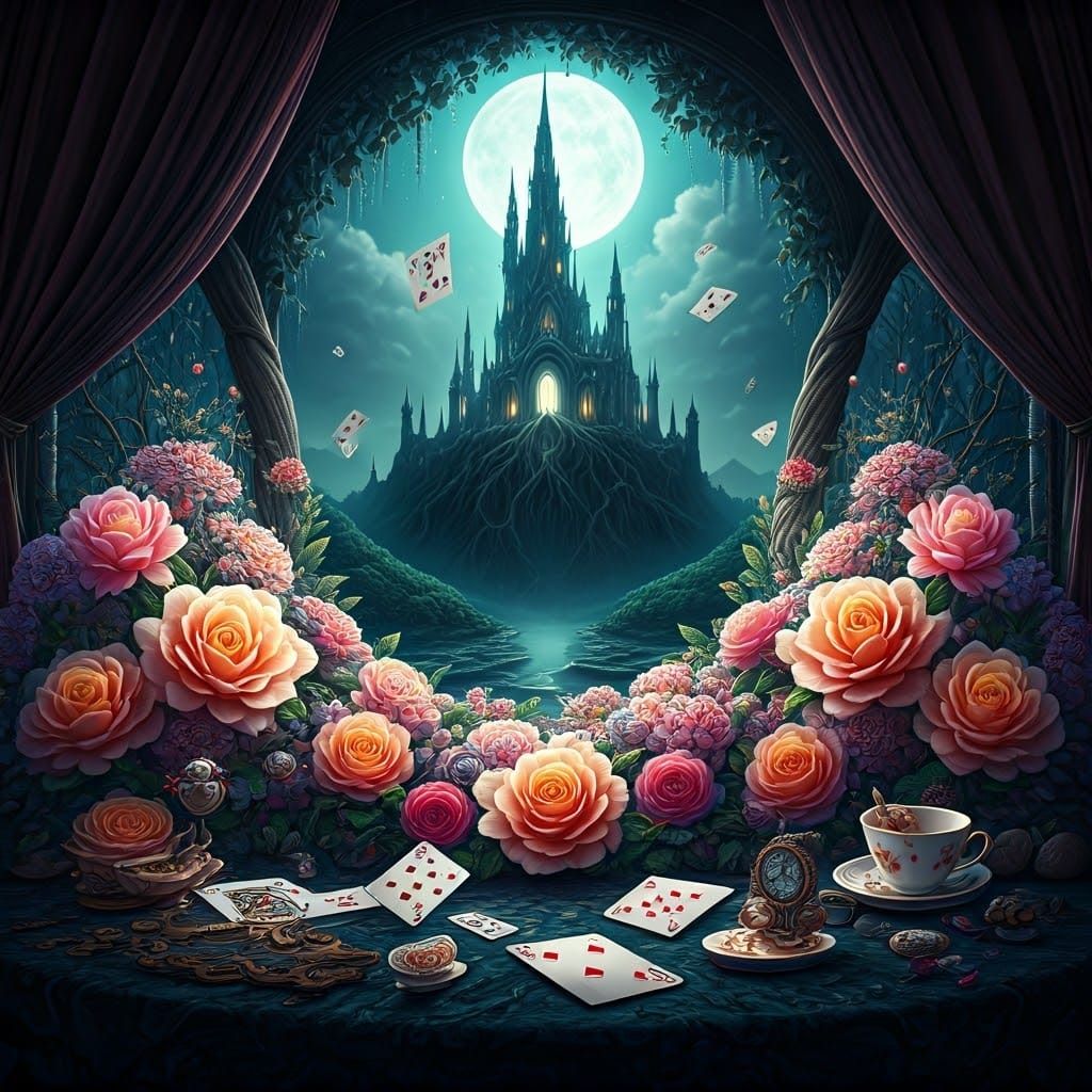 Whimsical Surrealist Scene with Fantastical Floral Arrangeme...